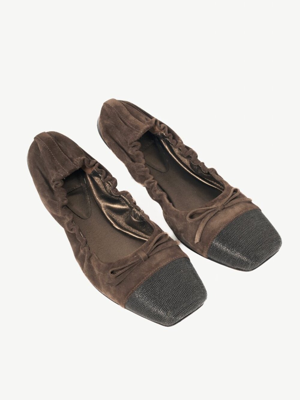 Brunello Cucinelli Brown Suede Monili-Cap-Toe Bow Flats
